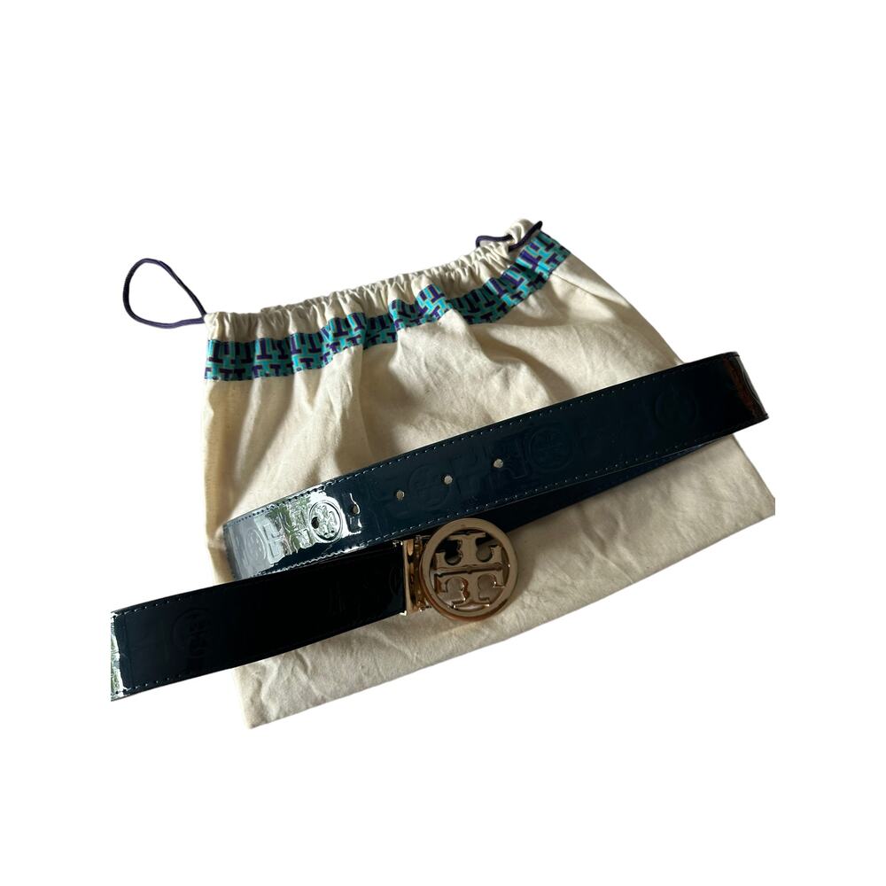 tory burch women classic monogram logo dark blue belt 1.5 Width 46/115 L / XL